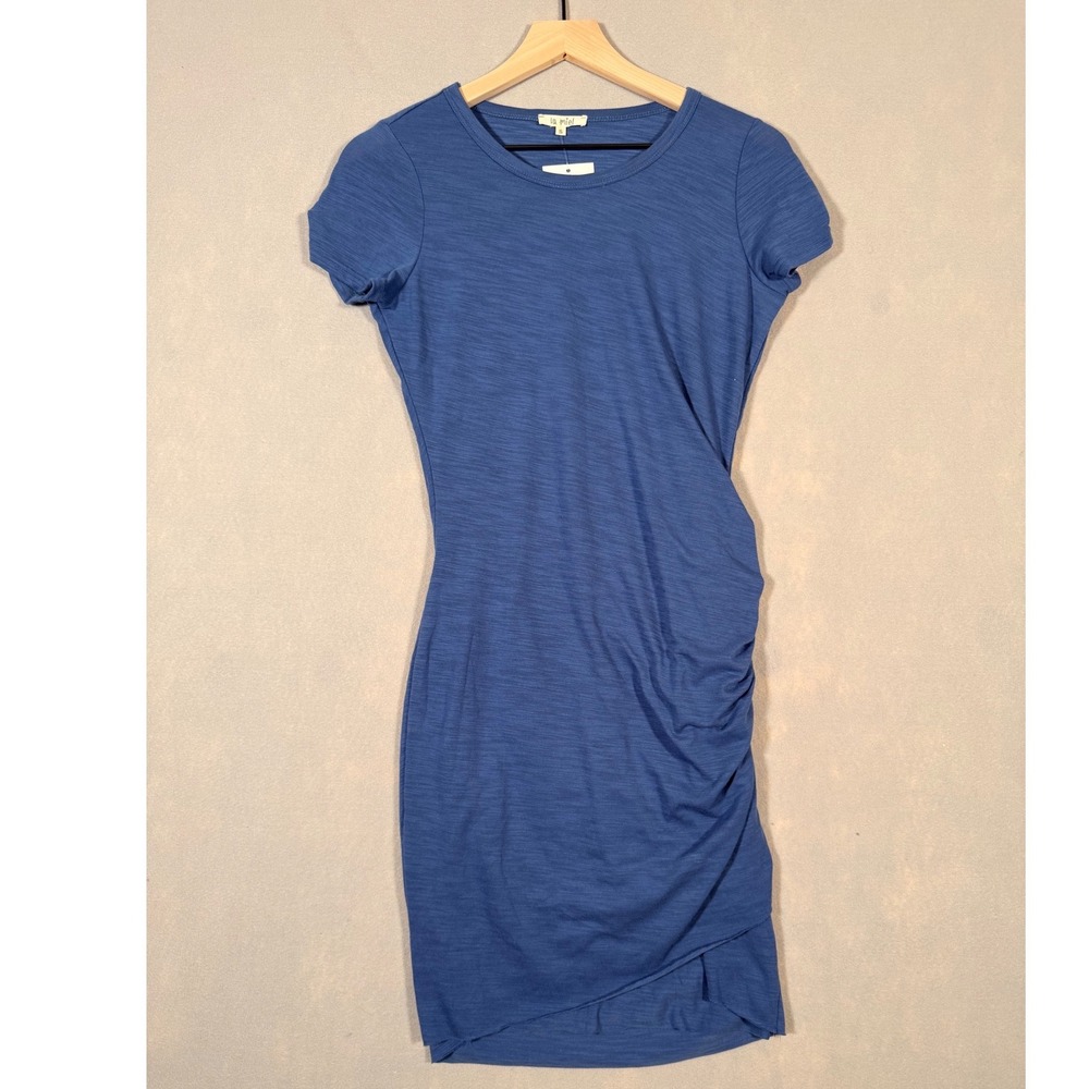 La‎ Miel Blue Side Ruched Tulip Hem Slub Knit T-Shirt Dress Minimalist Womens S